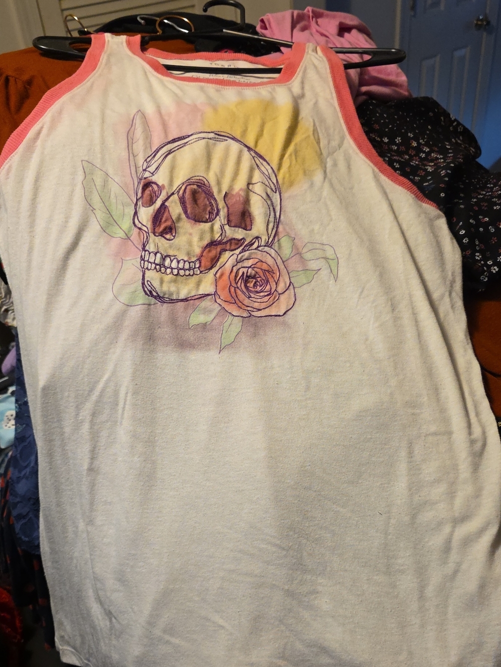 torrid White Tank with Coral Trim & Floral Skull Graphic